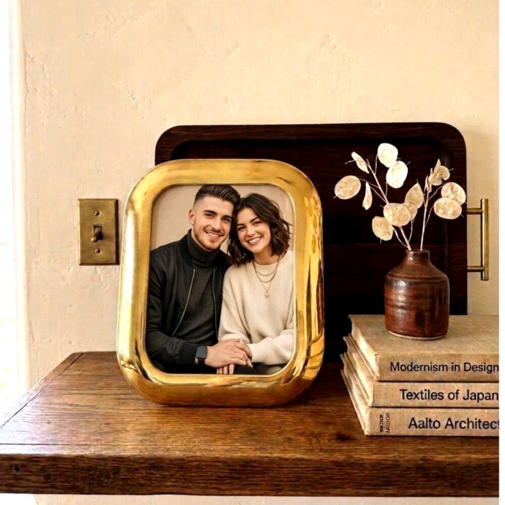 vintage 8" x 10" solid brass picture frame rounded wide-border corners 80s Deco